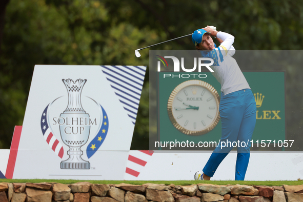 GAINESVILLE, VIRGINIA - SEPTEMBER 13: Carlota Ciganda of  Team Europe hits from the 9th tee during Day One of the Solheim Cup at Robert Tren...