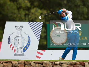 GAINESVILLE, VIRGINIA - SEPTEMBER 13: Carlota Ciganda of  Team Europe hits from the 9th tee during Day One of the Solheim Cup at Robert Tren...