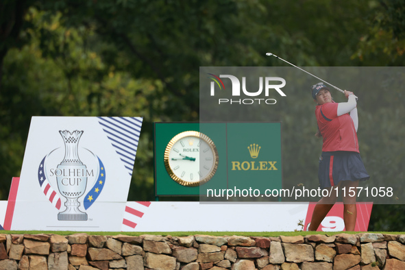 GAINESVILLE, VIRGINIA - SEPTEMBER 13: Lilia Vu of Team USA hits from the 9th tee during Day One of the Solheim Cup at Robert Trent Jones Gol...