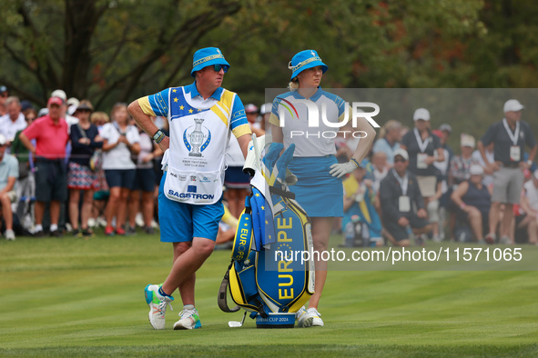 GAINESVILLE, VIRGINIA - SEPTEMBER 13: Madelene Sagstrom of of Team Europe waits on the third hole during Fourball Matches on Day One of the...