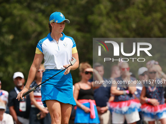 GAINESVILLE, VIRGINIA - SEPTEMBER 13: Linn Grant of Team Europe reacts to her putt on the third green during Fourball Matches on Day One of...