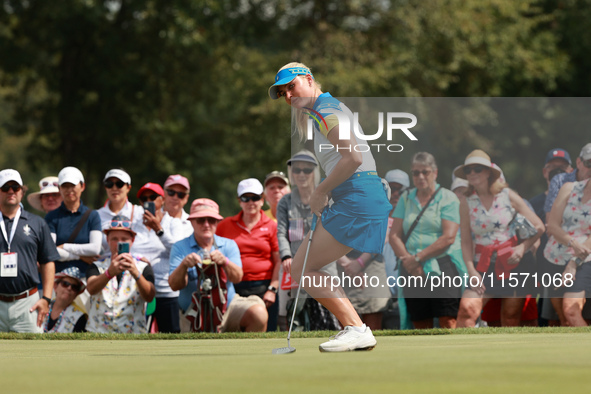 GAINESVILLE, VIRGINIA - SEPTEMBER 13: Charley Hull of Team Europe reacts to her putt on the third green during Fourball Matches on Day One o...