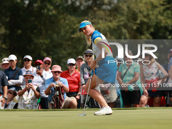 GAINESVILLE, VIRGINIA - SEPTEMBER 13: Charley Hull of Team Europe reacts to her putt on the third green during Fourball Matches on Day One o...