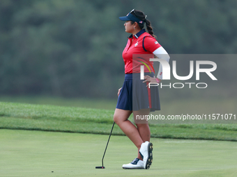 GAINESVILLE, VIRGINIA - SEPTEMBER 13: Lilia Vu of Team USA waits on the 9th green during Day One of the Solheim Cup at Robert Trent Jones Go...