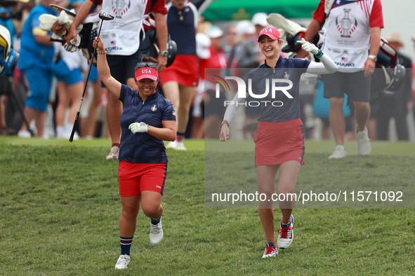 GAINESVILLE, VIRGINIA - SEPTEMBER 13: Megan Khang of the United States and Nelly Korda of the United States walk from the 1st tee during Day...