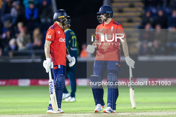 #61, Phil Salt of England (left) with #85, Will Jacks at the crease during the Second Vitality T20 International match between England and A...