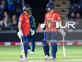 #61, Phil Salt of England (left) with #85, Will Jacks at the crease during the Second Vitality T20 International match between England and A...