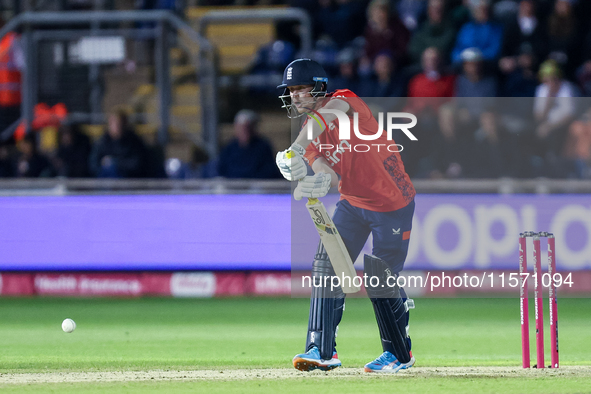 Jordan Cox of England bats during the Second Vitality T20 International match between England and Australia at Sofia Gardens in Cardiff, Wal...