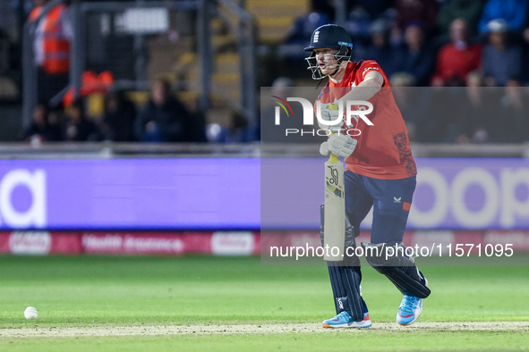 Jordan Cox of England bats during the Second Vitality T20 International match between England and Australia at Sofia Gardens in Cardiff, Wal...