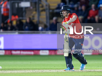 Jordan Cox of England bats during the Second Vitality T20 International match between England and Australia at Sofia Gardens in Cardiff, Wal...