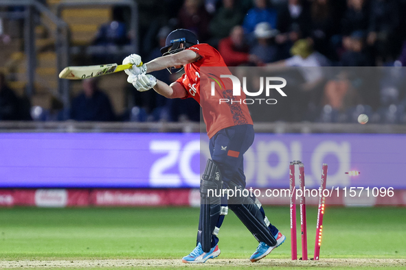 Jordan Cox of England is bowled by Sean Abbott of Australia during the Second Vitality T20 International match between England and Australia...