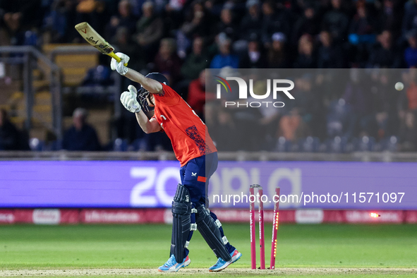 Jordan Cox of England is bowled by Sean Abbott of Australia during the Second Vitality T20 International match between England and Australia...