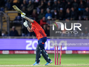 Jordan Cox of England is bowled by Sean Abbott of Australia during the Second Vitality T20 International match between England and Australia...