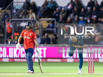 Marcus Stones of Australia bowls during the Second Vitality T20 International match between England and Australia at Sofia Gardens in Cardif...