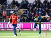 Marcus Stones of Australia bowls during the Second Vitality T20 International match between England and Australia at Sofia Gardens in Cardif...