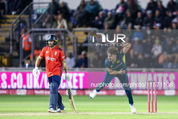 Marcus Stones of Australia bowls during the Second Vitality T20 International match between England and Australia at Sofia Gardens in Cardif...