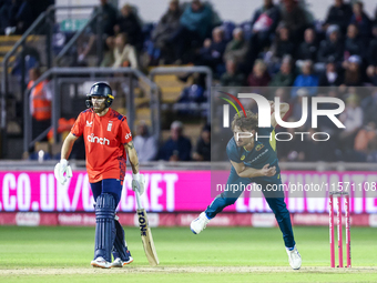 Marcus Stones of Australia bowls during the Second Vitality T20 International match between England and Australia at Sofia Gardens in Cardif...