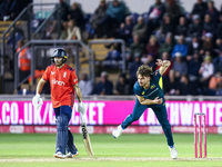 Marcus Stones of Australia bowls during the Second Vitality T20 International match between England and Australia at Sofia Gardens in Cardif...