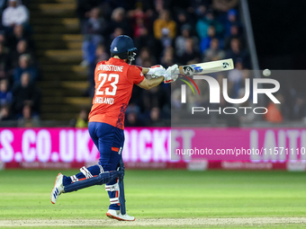 Liam Livingstone of England bats during the Second Vitality T20 International match between England and Australia in Cardiff, Wales, on Sept...