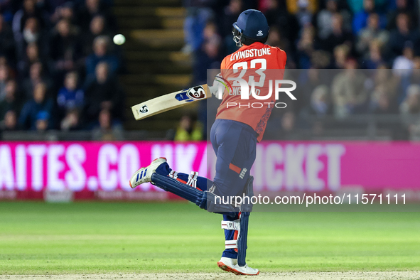 Liam Livingstone of England bats during the Second Vitality T20 International match between England and Australia in Cardiff, Wales, on Sept...