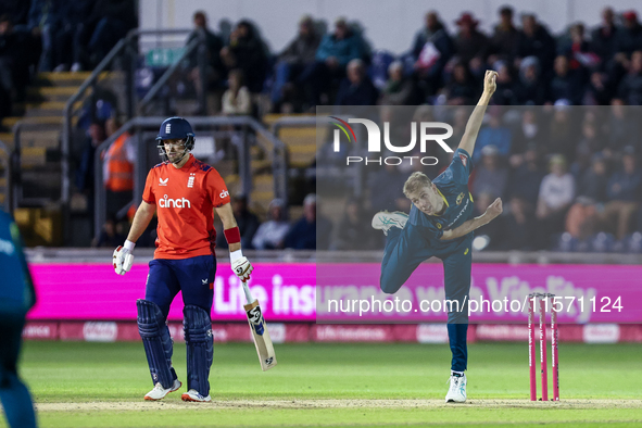 Cameron Green of Australia bowls during the Second Vitality T20 International match between England and Australia at Sofia Gardens in Cardif...