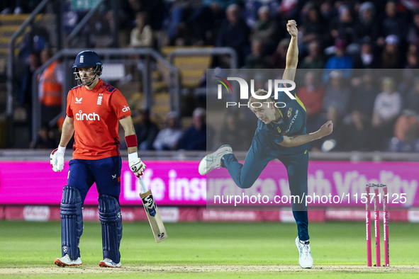 Cameron Green of Australia bowls during the Second Vitality T20 International match between England and Australia at Sofia Gardens in Cardif...