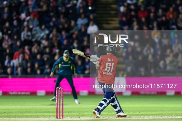 Phil Salt of England is in action at the crease during the Second Vitality T20 International match between England and Australia at Sofia Ga...