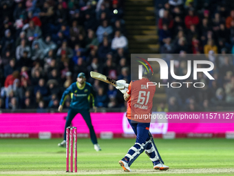 Phil Salt of England is in action at the crease during the Second Vitality T20 International match between England and Australia at Sofia Ga...