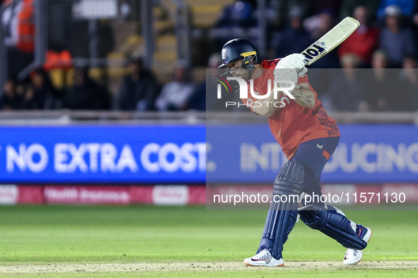 Phil Salt of England is in action with the bat during the Second Vitality T20 International match between England and Australia at Sofia Gar...