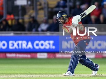 Phil Salt of England is in action with the bat during the Second Vitality T20 International match between England and Australia at Sofia Gar...