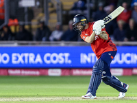 Phil Salt of England is in action with the bat during the Second Vitality T20 International match between England and Australia at Sofia Gar...