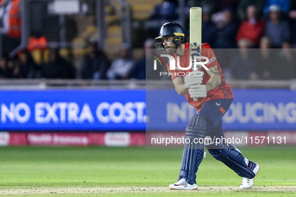 Phil Salt of England is in action with the bat during the Second Vitality T20 International match between England and Australia at Sofia Gar...