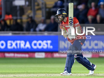 Phil Salt of England is in action with the bat during the Second Vitality T20 International match between England and Australia at Sofia Gar...