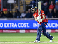 Phil Salt of England is in action with the bat during the Second Vitality T20 International match between England and Australia at Sofia Gar...