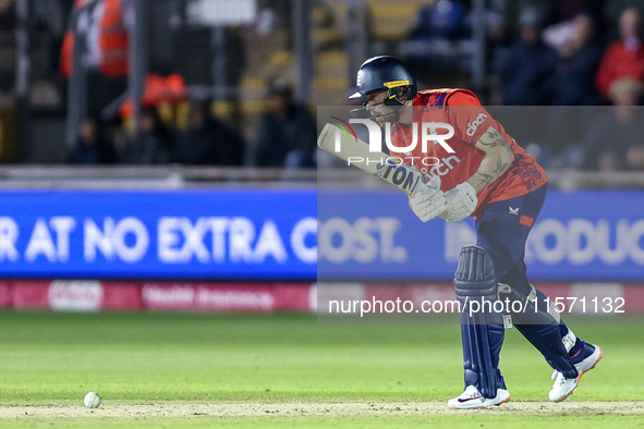 Phil Salt of England is in action with the bat during the Second Vitality T20 International match between England and Australia at Sofia Gar...