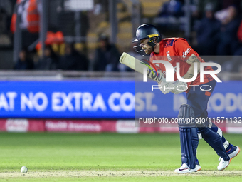 Phil Salt of England is in action with the bat during the Second Vitality T20 International match between England and Australia at Sofia Gar...