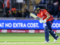 Phil Salt of England is in action with the bat during the Second Vitality T20 International match between England and Australia at Sofia Gar...