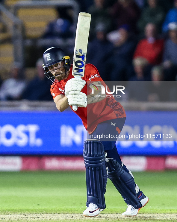 Phil Salt of England is in action during the Second Vitality T20 International match between England and Australia at Sofia Gardens in Cardi...