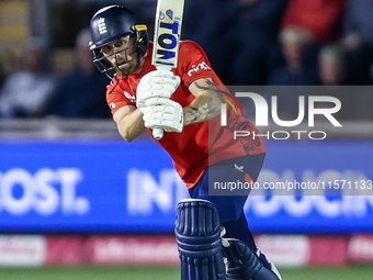 Phil Salt of England is in action during the Second Vitality T20 International match between England and Australia at Sofia Gardens in Cardi...