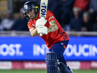 Phil Salt of England is in action during the Second Vitality T20 International match between England and Australia at Sofia Gardens in Cardi...