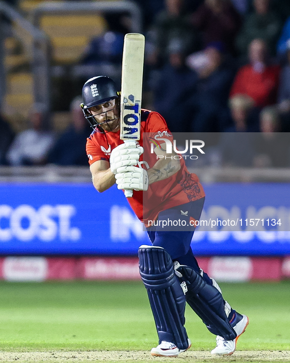 Phil Salt of England is in action during the Second Vitality T20 International match between England and Australia at Sofia Gardens in Cardi...