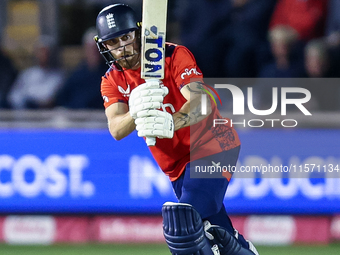 Phil Salt of England is in action during the Second Vitality T20 International match between England and Australia at Sofia Gardens in Cardi...