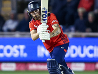 Phil Salt of England is in action during the Second Vitality T20 International match between England and Australia at Sofia Gardens in Cardi...