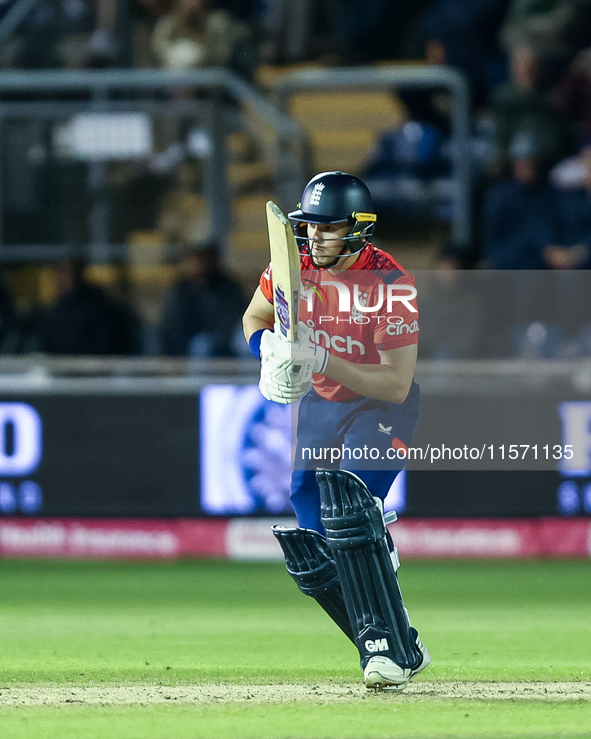 Jacob Bethell of England is in action at the crease during the Second Vitality T20 International match between England and Australia at Sofi...