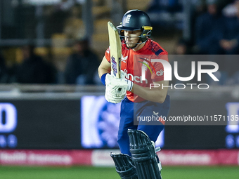 Jacob Bethell of England is in action at the crease during the Second Vitality T20 International match between England and Australia at Sofi...