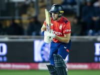 Jacob Bethell of England is in action at the crease during the Second Vitality T20 International match between England and Australia at Sofi...