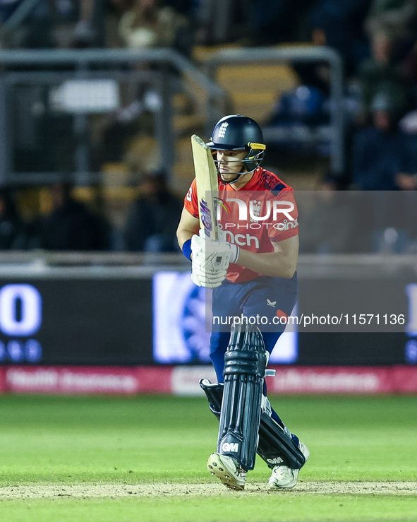 Jacob Bethell of England is in action at the crease during the Second Vitality T20 International match between England and Australia at Sofi...