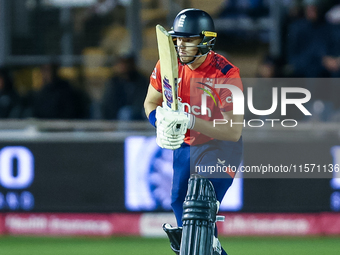 Jacob Bethell of England is in action at the crease during the Second Vitality T20 International match between England and Australia at Sofi...