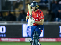 Jacob Bethell of England is in action at the crease during the Second Vitality T20 International match between England and Australia at Sofi...