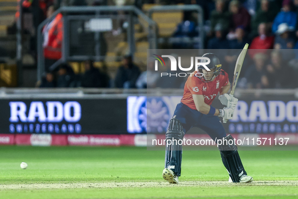 Jacob Bethell of England bats during the Second Vitality T20 International match between England and Australia in Cardiff, Wales, on Septemb...